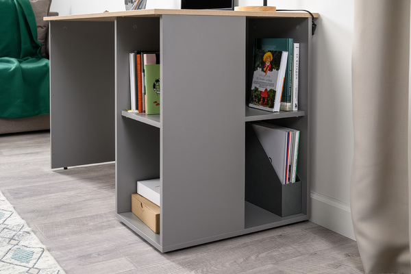 Стол письменный Лайт 12.163 серый шифер, дуб белый exclusive OW D4430, сборка на любую сторону, два варианта сборки тумбы