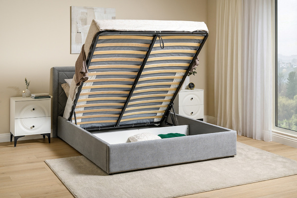 Кровать Марион 160 велюр OCEAN 023 серый с ортопедическим основанием и подъемным механизмом (спальное место 160 х 200)