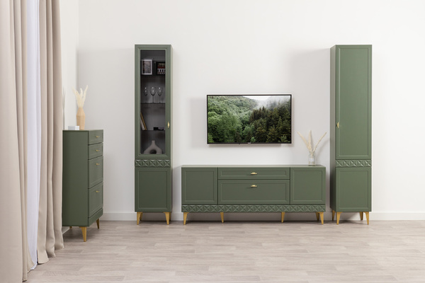 Шкаф-пенал Марион 16.333.01 дымчатый зеленый K521, олива шагрень AG 1050 ПВХ (собирается на любую сторону)