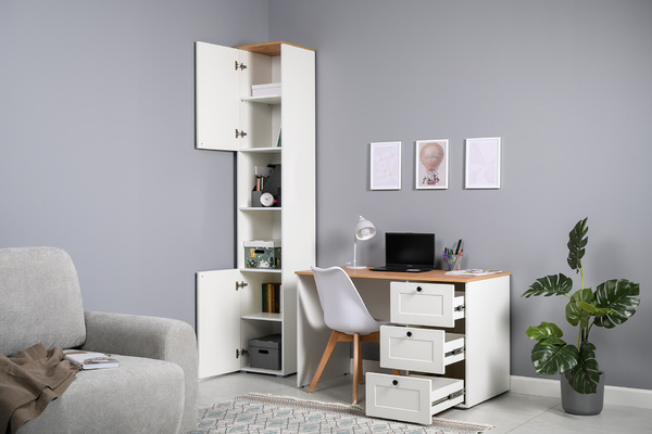 Стол письменный Остин 12.159 белый PE шагрень, дуб золотой CRAFT, белая шагрень 4101 ПВХ, сборка на любую сторону