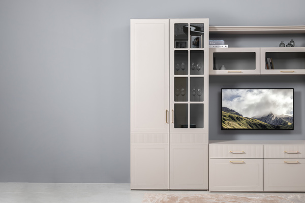 Гостиная Ричфорд композиция 1 без карнизов, кашемир 5981 BS, моно керамика D166-2 ПВХ, белый PE шагрень (собирается на любую сторону)