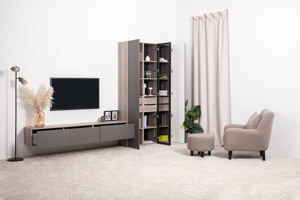 Гостиная Роквуд композиция 2 Эмили Блаш U9135, Графит мягкая шагрень 2998 ПВХ, закаленное тонированное стекло, собирается на любую сторону