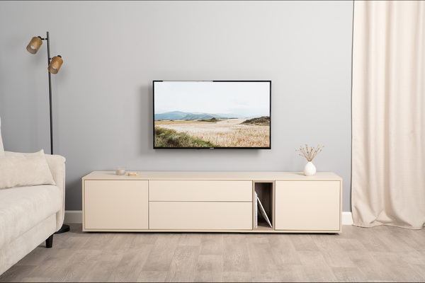 Тумба под ТВ Тайл 16.62 сатин 7045 SU, эмили блаш U9135, белый PE шагрень, напольная/навесная установка, собирается на любую сторону